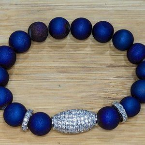 New Women's Druzy Agate Cobalt Blue Pave Geode Bracelet 10mm Silver